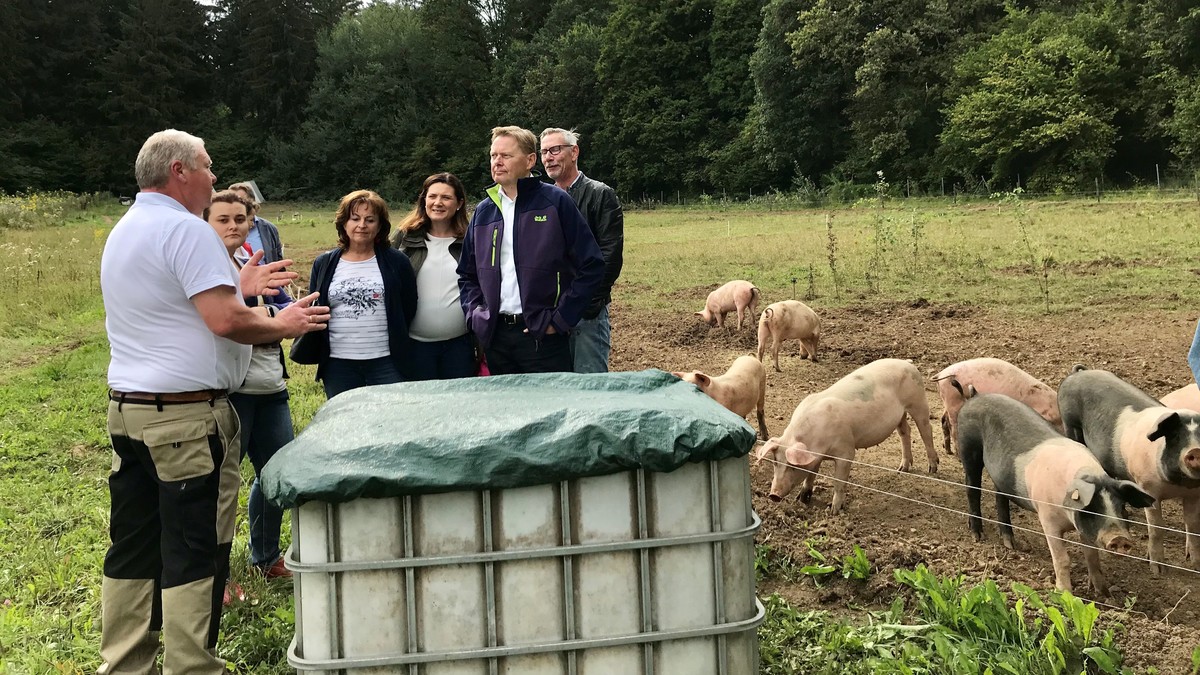 Thomas Schwab erklrt Martina Hoffmann, Marlene Mortler, Cornelia Trinkl, Norbert Dnkel und Gtz Reichel (von links nach rechts) die Besonderheiten seiner Schweinehaltung. Foto: D. Fritsch 