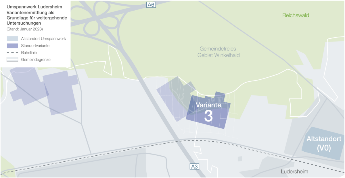 Netzbetreiber Tennet hat sich fr Variante 3 als Vorzugsstandort fr das geplante Umspannwerk entschieden. Er befindet sich westlich von Ludersheim. Norbert Dnkel fordert dagegen eine Verlagerung nach Norden in Richtung Autobahnkreuz.. 